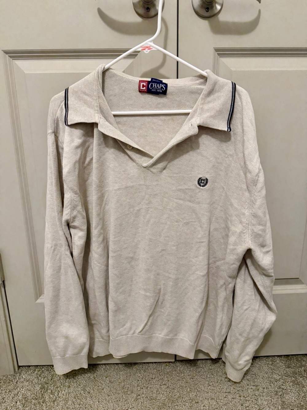Chaps Cream V-Neck Collared Knit Sweater with Navy Trim